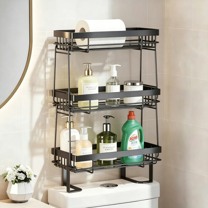 Support de rangement au-dessus de la toilette, tablettes flottantes à 3 niveaux avec crochets, tablette d'organisation de salle de bain sans perçage, porte-papier hygiénique robuste résistant à la rouille pour la salle de bain