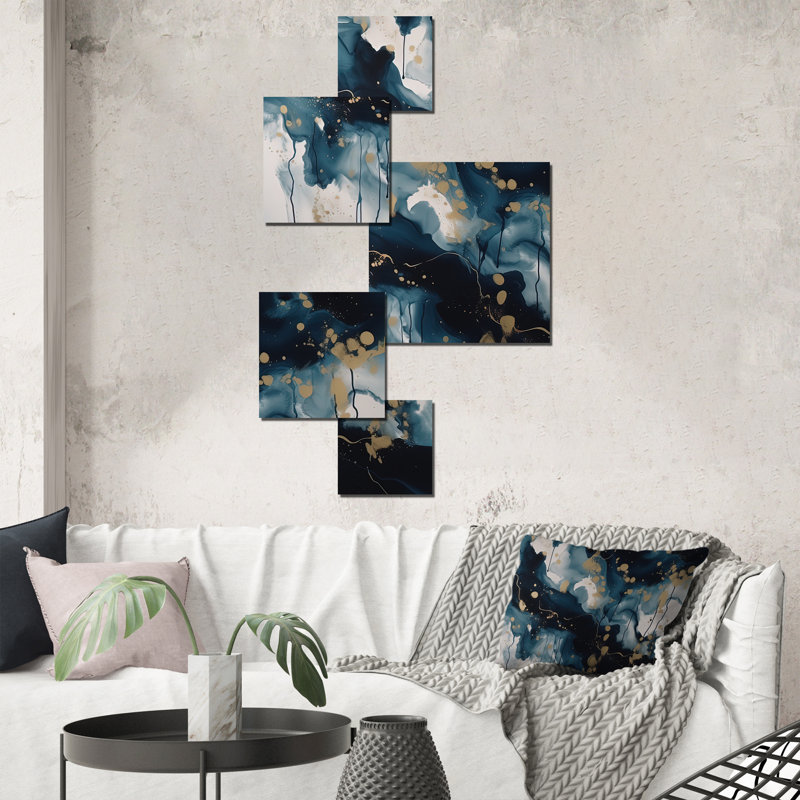 Blue And White Abstracted Liquid Art I - Abstract Liquid Ink Metal Wall Décor