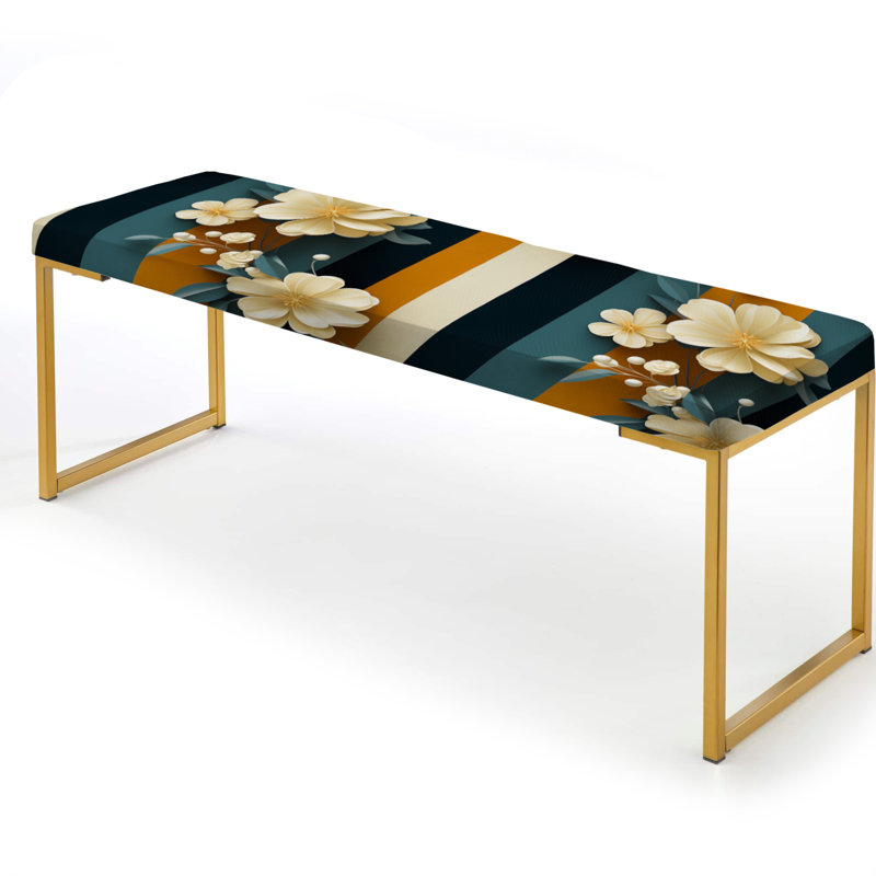 Striped Upholstered Gold Bench, Classic Elegant Floral Striped Serenity I