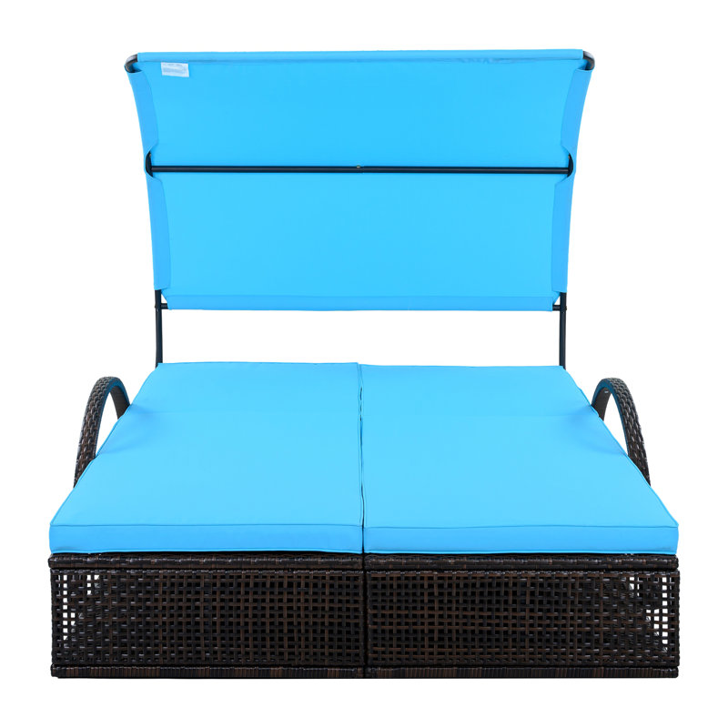 Outdoor Steel Frame Sun Lounger with Adjustable Backrest,Patio Double Sunbed with Hidden Side Table and Arched Armrests,Suitable for Patio Pool Deck