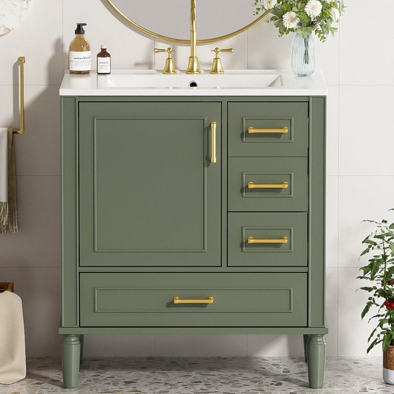 Meuble-lavabo de 30 po avec lavabo en céramique, porte à fermeture en douceur avec tablette intégrée, tiroir profond, tiroir standard, grand tiroir diviseur, grande armoire de rangement pour la salle de bain, meuble-lavabo