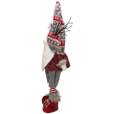 30" Red and Gray Nordic Hat Standing Christmas Gnome with LED Antlers