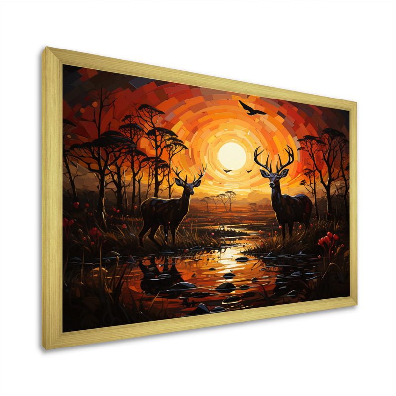 Cerf vibrant Afrique I sur toile, H 34 po x l 44 po x P 1,5 po, Encadrement doré
