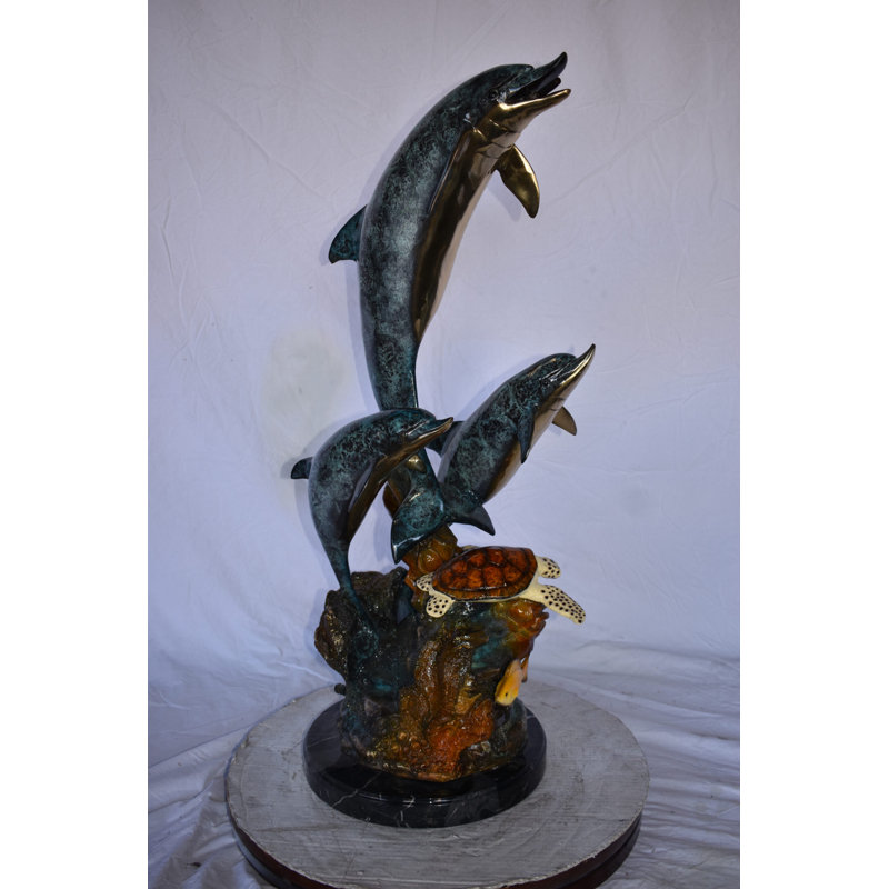 Bronze Three Dolphins Swim next to a Sea Turtle Fountain
