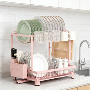 Séchoir à vaisselle multifonctionnel à 2 niveaux avec égouttoir - Organisateur de comptoir de cuisine antirouille compact avec ustensiles et porte-gobelets
