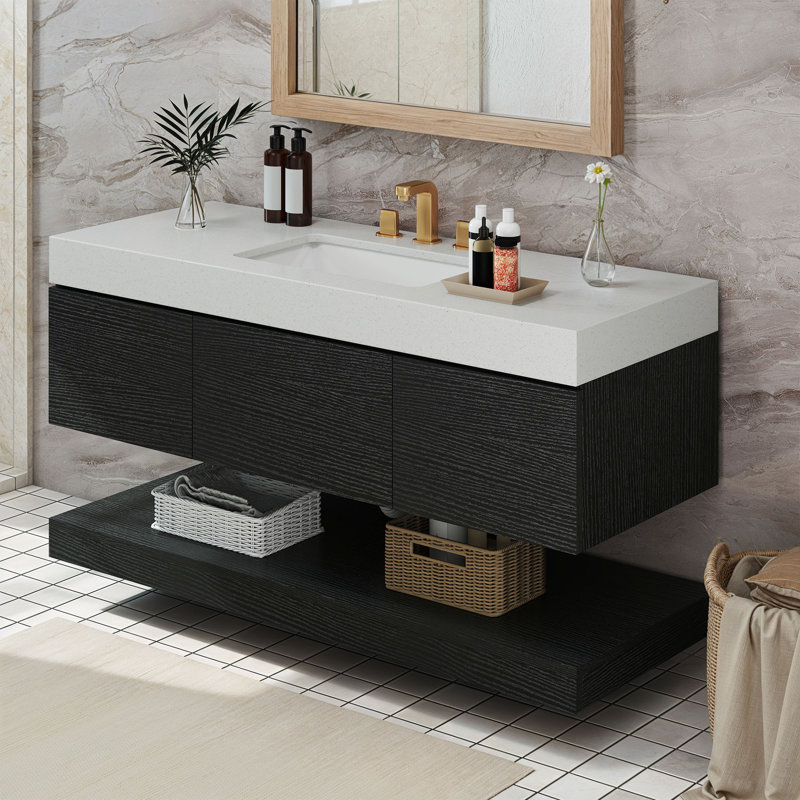  48 Inch Wall-Mounted Bathroom Vanity With Quartz Countertop, Black