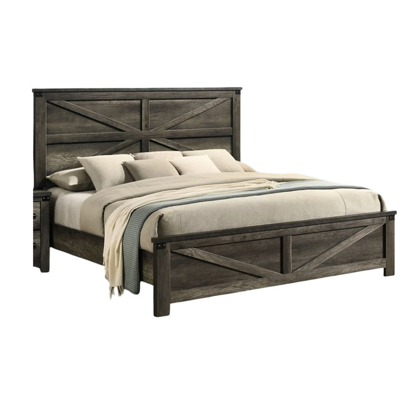 Rustic Gray Queen Bed With Engineered Wood And Metal, Headboard, Casual Bedroom Style Simple Design Frame Finish, Metal Paper, Transitional