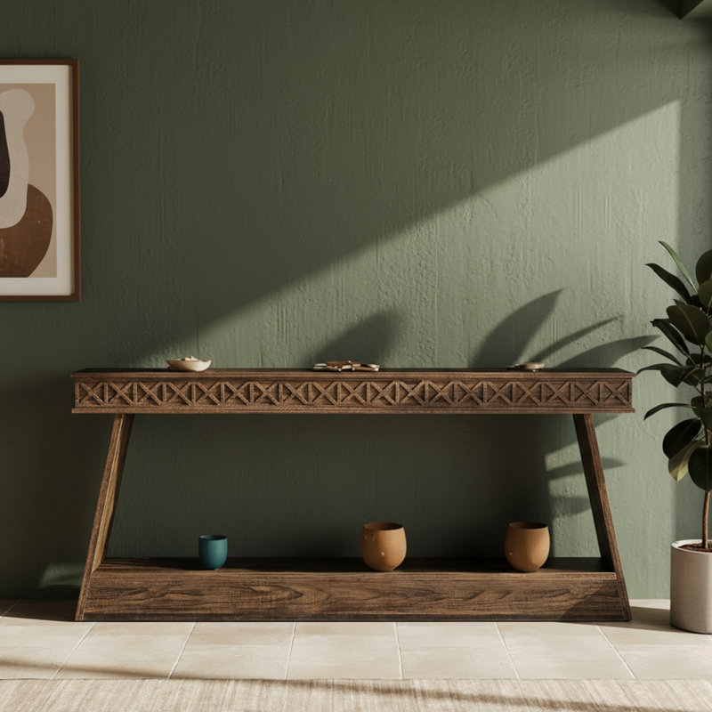 A Dark Brown, Farmhouse-Style, Double-Layered, Narrow Console Table, Suitable For Living Rooms, Behind Sofas, And Hallways.