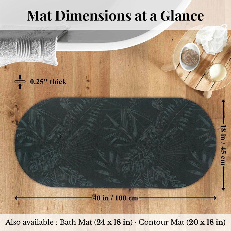 Decorative Runner Bath Mat 40x18 – Ultra Absorbent Quick Dry Rug with Anti-Slip Rubber Backing, Dark Green Leaves