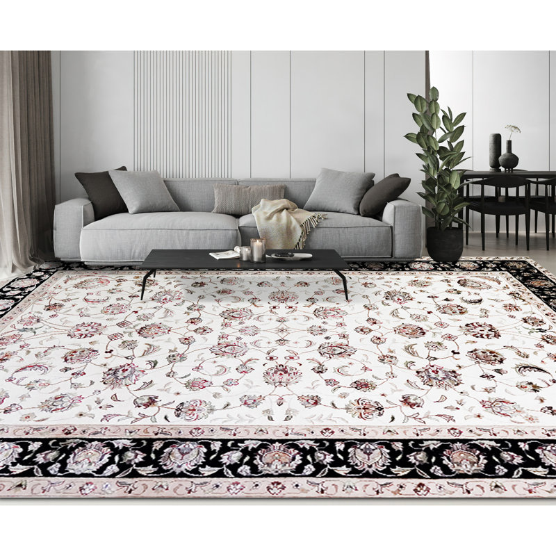 Tapis ivoire et noir noué à la main de haute qualité