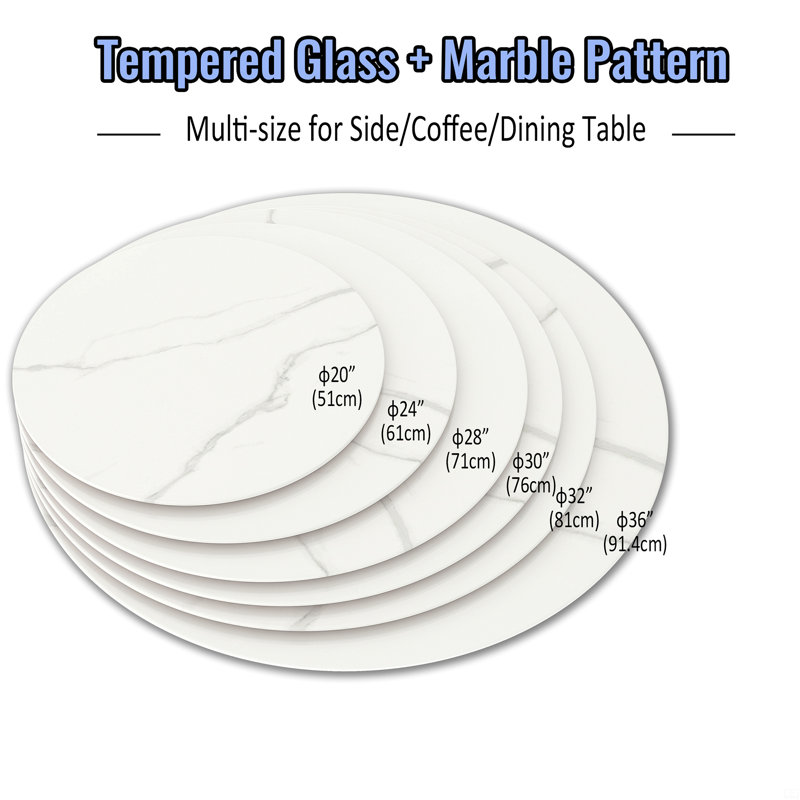 36"Inch Round Tempered Glass Table Top, White, 0.31" H x 36" L x 36" W