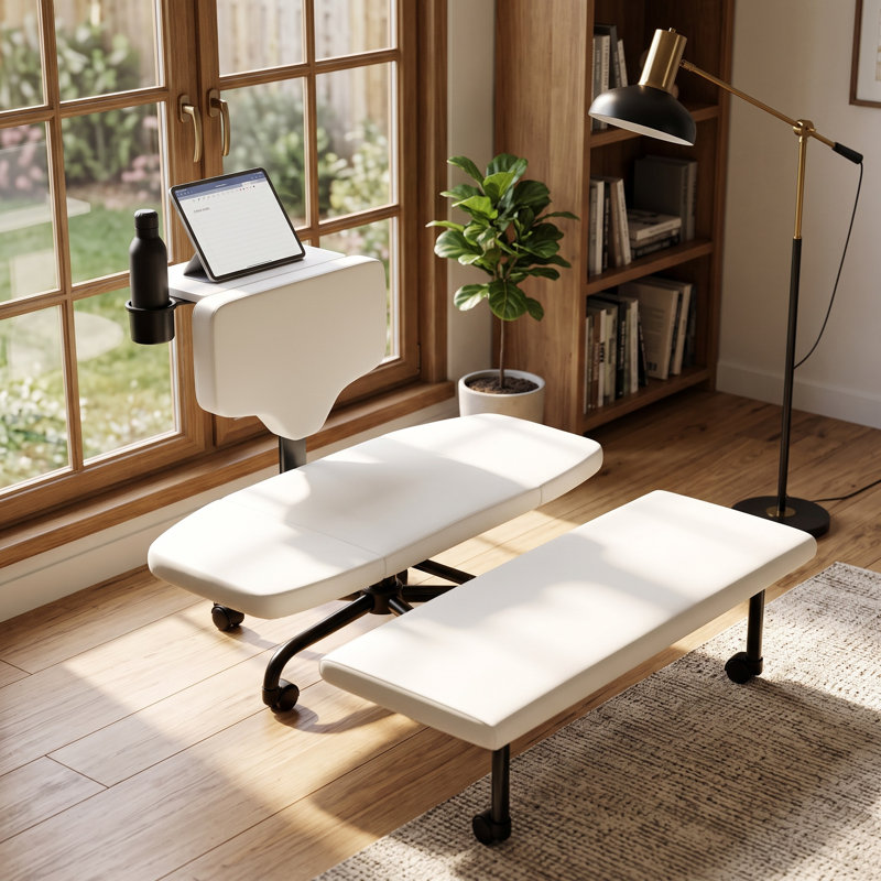 Fauteuil de bureau pivotant en cuir PU blanc de 126 cm de large avec repose-pieds, tablette rabattable et porte-gobelet dissimulé
