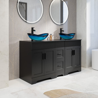 Akron 60" Double Sink Bathroom Vanity Set With Manufactured Wood Top, Vessel Sinks, Faucets And Drains, Water-resistant Paint