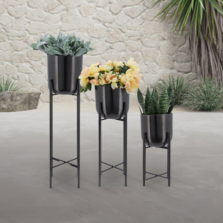 Cristine 3 Piece Set Metal Planters on Stands, For Indoor and Outdoor Use, 11 L x 11 W x 40 H Inches