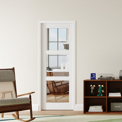 Sliding Pocket Door - 3 Lite Clear Glassed Design White Sliding Pocket Interior Door With 80"H Pocket Door Hardware Kit