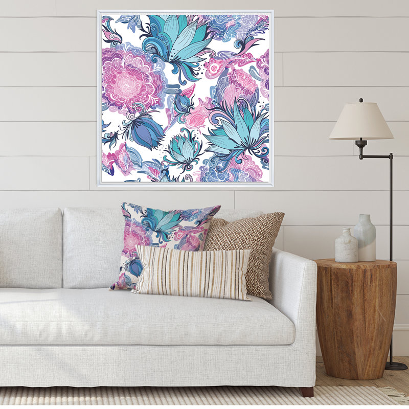Fleurs romantiques élégantes en rose et bleu - Impression sur toile, H 16 po x l 16 po, Cadre flottant blanc