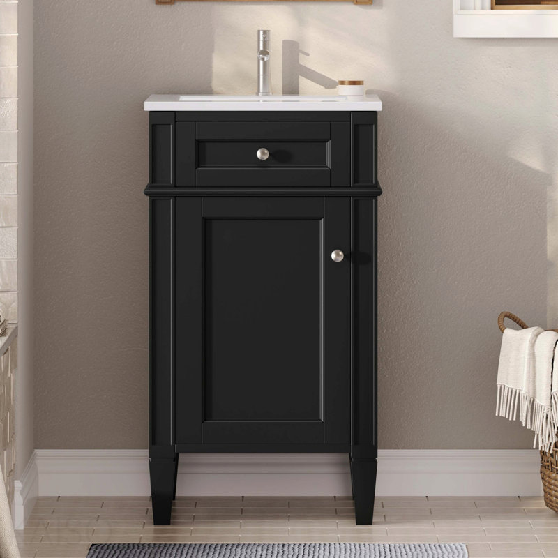 Ensemble de meuble-lavabo simple 18 po avec lavabo en céramique, ensemble de meuble-lavabo autoportant avec porte à fermeture douce, tablette réglable, style français, pieds pleins, noir