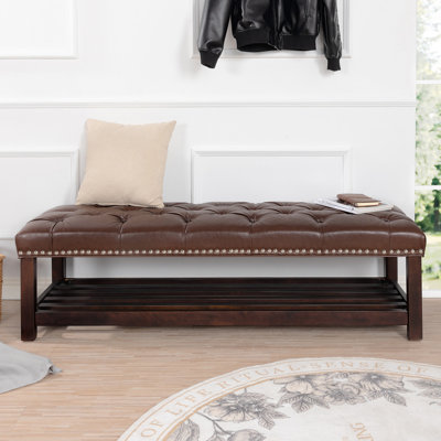 Banc de chevet en cuir rembourré de 152 cm (60 po), brun, structure robuste, assise foncée, coussin garni de mousse, pieds en bouleau