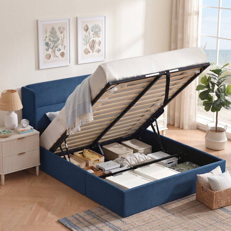 Structure de lit tapissier Annek avec rangement relevable, tête de lit à oreilles de H 40,9 po, lattes de bois et structure en métal, plusieurs tailles et options de tissu disponibles