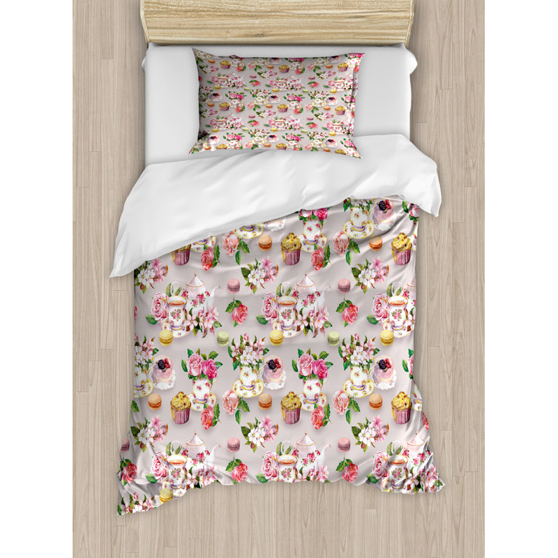 Flower Polyester Duvet Cover, Twin Duvet Cover + 1 Pillow Sham, Antique Retro Tea Set