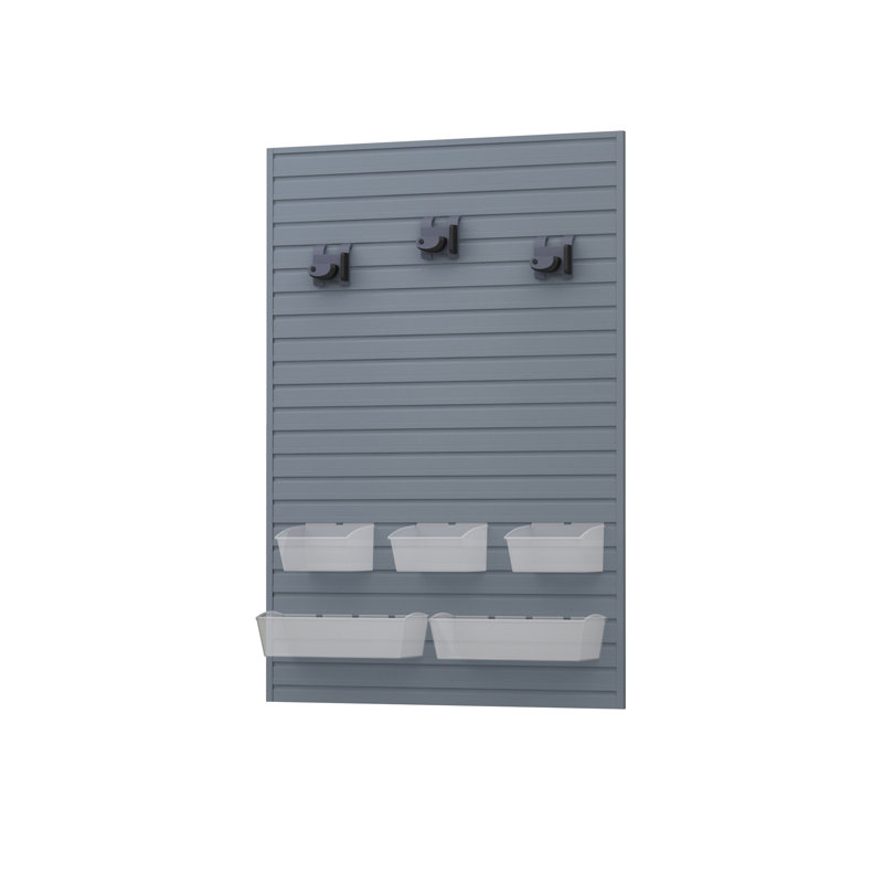 Flow Wall 9 Piece Slatwall Panel, Bin & Hook Storage Set - Slatwall, Silver