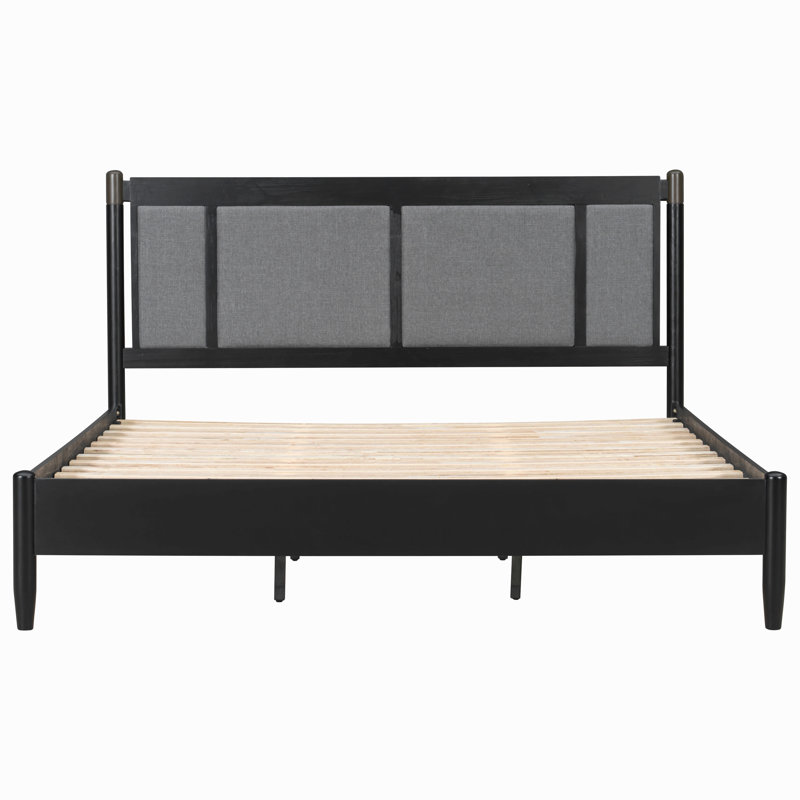 Solid Wood King Bed, Upholstered Headboard With Metal Handles, Black/Dark Gray