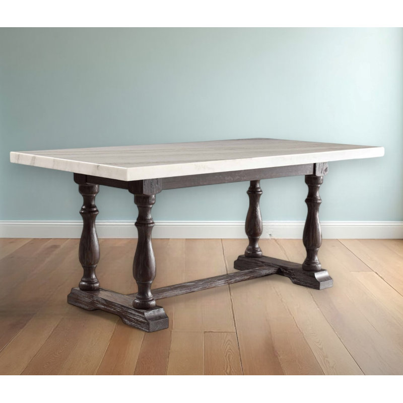 72" White and Gray Marble And Solid Wood Trestle Base Dining Table
