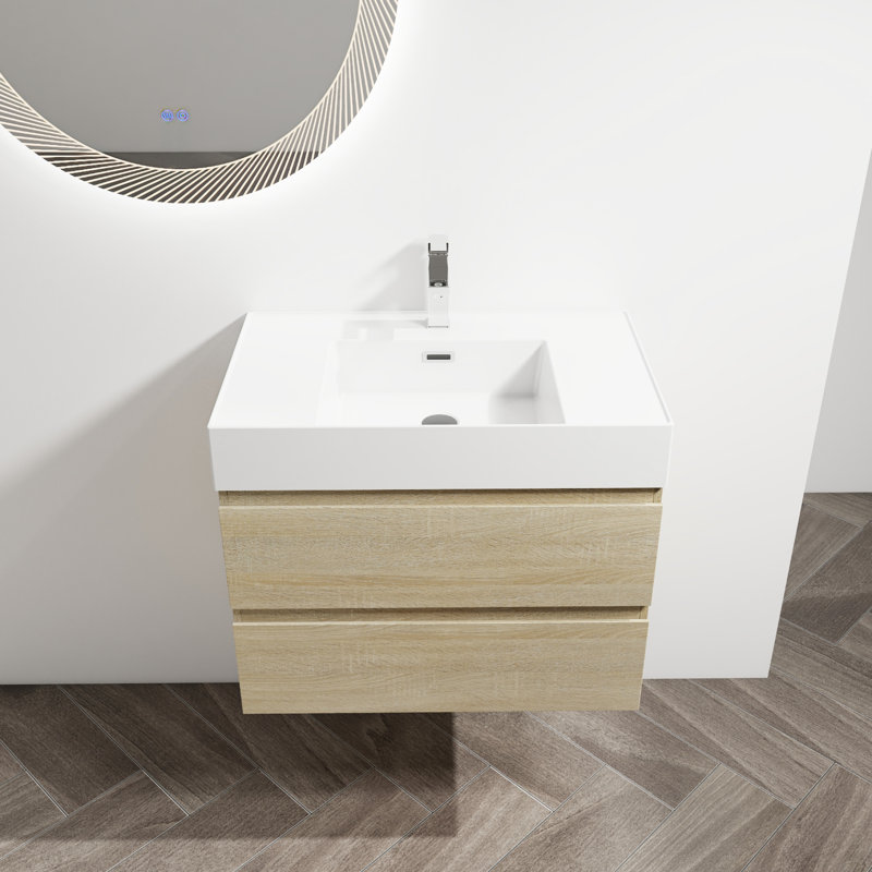 Meuble-lavabo mural 30 po avec lavabo en résine, 2 tiroirs à fermeture en douceur, ensemble KD