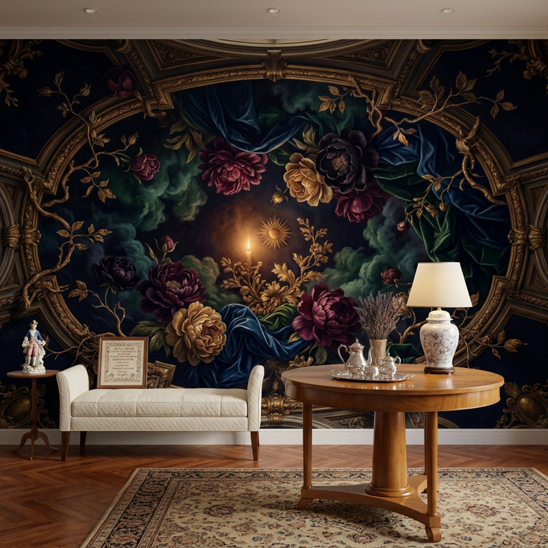 Papier peint baroque à motif floral amovible rococo, 200 po x 120 po, Non tissé