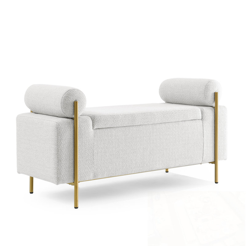 Velvet Upholstered Bench with flip top Storage and metal legs, White
