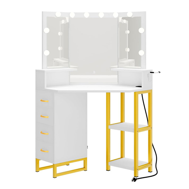 White and Gold Corner Vanity Desk with Tri-Fold Mirror and LED Lights