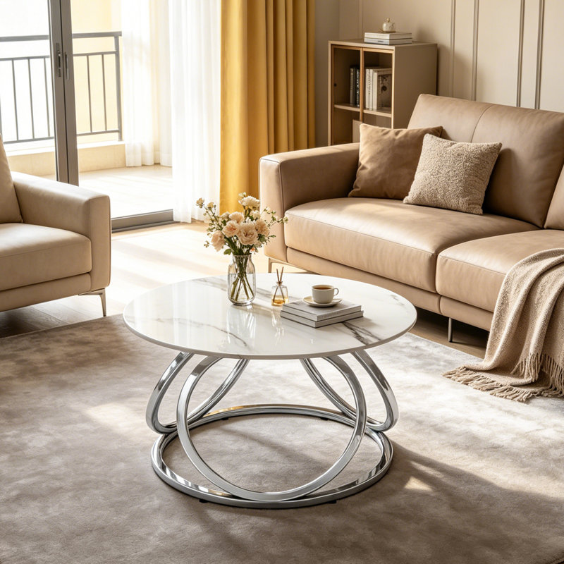 Pedestal Coffee Table, Silver, Calacatta White