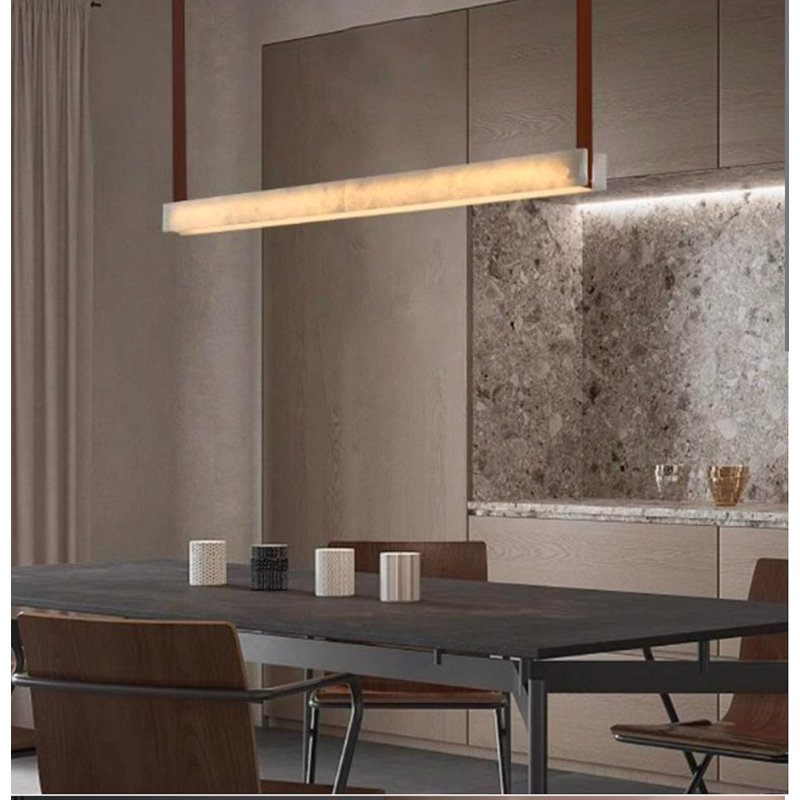  Luminaire suspendu linéaire en albâtre LIGHT Terra | Courroies en cuir | Auvent en métal | Luxe moderne