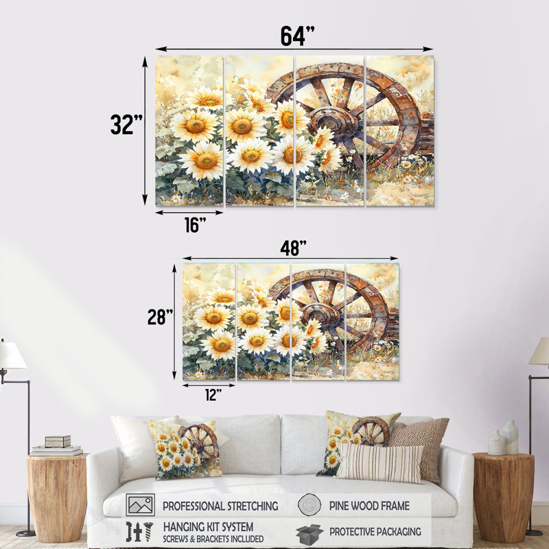 Domnick - Art mural de tournesols - Art mural traditionnel sur toile, 4 pièces, H 32 po x l 64 po
