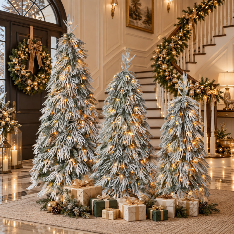 Ensemble de 3 sapins de Noël artificiels pré-illuminés, floqués de neige, avec DEL blanc chaud et multicolores