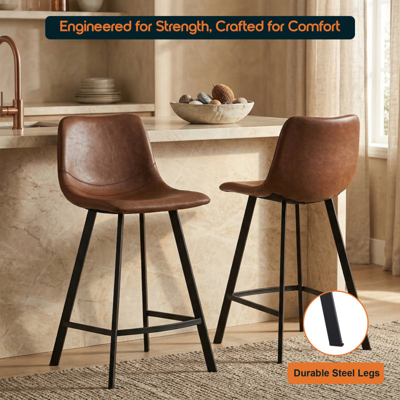 Latitude Run Modern Faux Leather Bar & Counter Stool – Armless PU Seat with Footrest, Iron Legs – Side Chair for Kitchen Island, Home Bar, Pub, Cafe, Dining Room