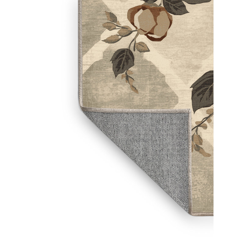 Machine Washable Ortencia Climbing Rose Traditional Trellis Rug in Beige – Beige Binding, 6' Square