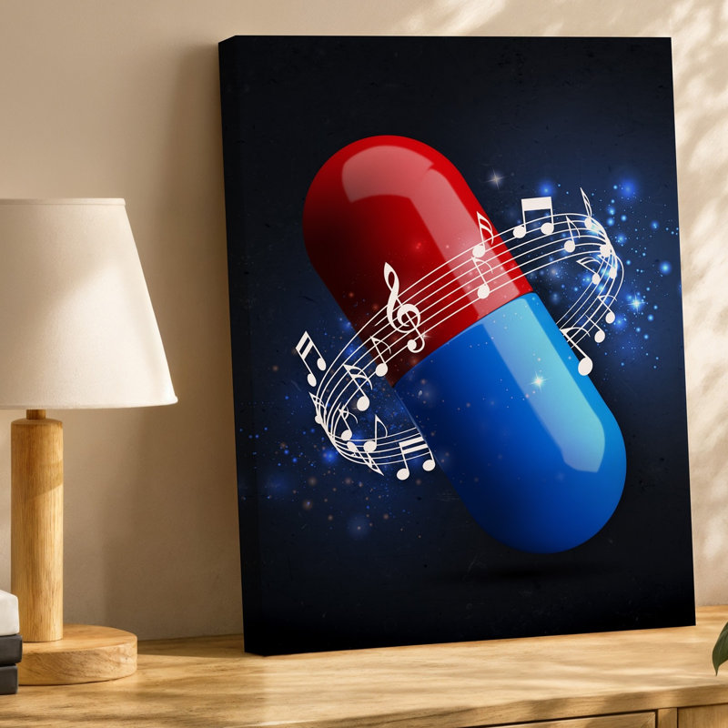 Toile, illustration numérique éclatante d'une grande capsule stylisée, art mural divisé en deux moitiés rouges et bleues avec des notes de musique