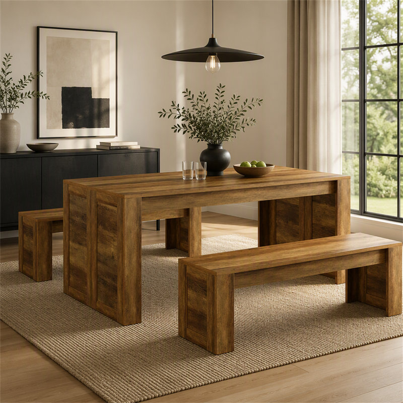 Ensemble de table de salle à manger 55 ", table de cuisine en bois pour 4 à 6 personnes avec 2 bancs, Brun rustique