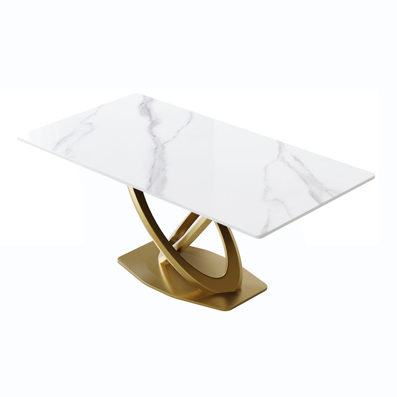 Table de salle à manger blanche 63 po - panneau de pierre artificielle, base double robuste, peut accueillir 6 à 8 pieds, sièges