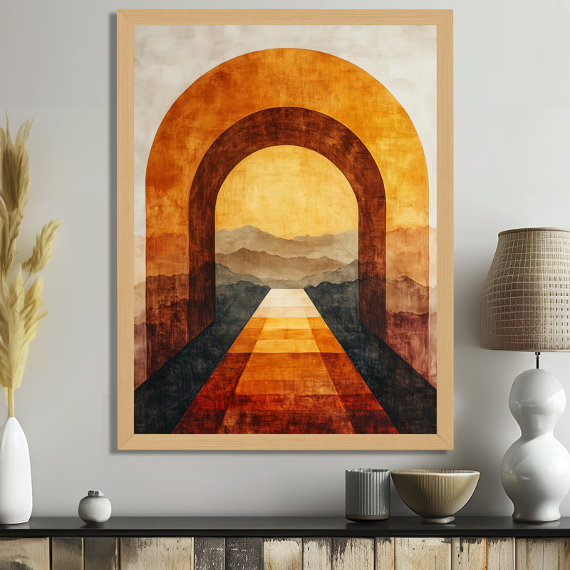 Perspective d'arche moderne orange et noire I - Tableau abstrait transitionnel encadré, H 44 po x l 34 po
