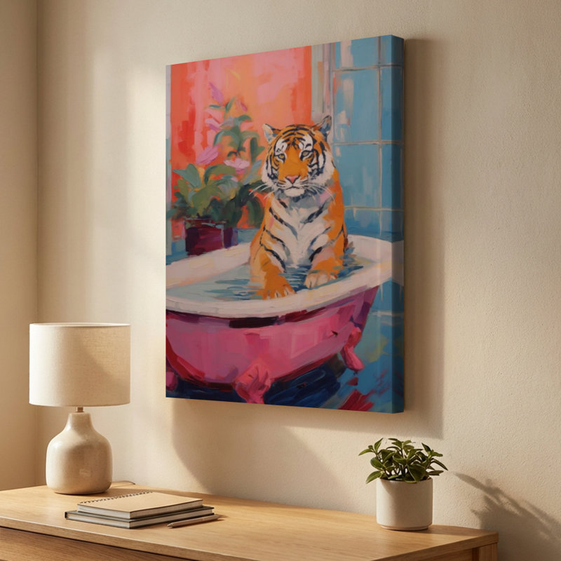Tigre dans une baignoire rose, art mural sur toile - entouré de fleurs - 1 po de profondeur, 24 po x 36 po