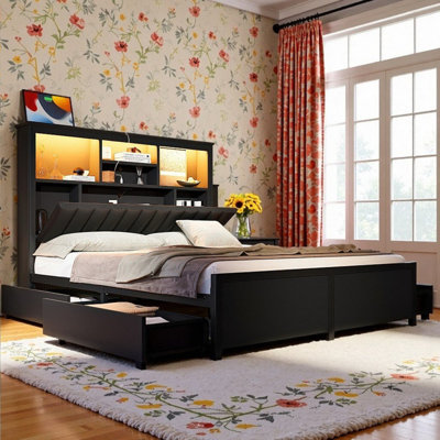 Queen\King Size All-Metal Storage Bed Frame With LED Lights, Charging Station & 4 Drawers