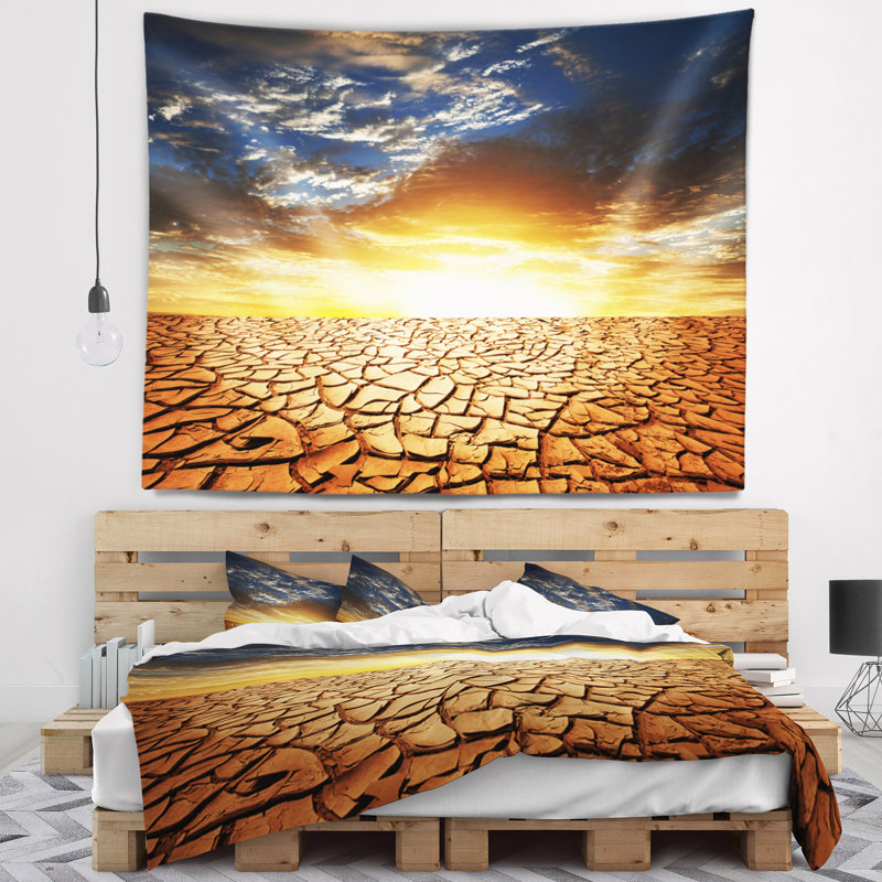 Paysage, sécheresse, terre, tapisserie, coucher de soleil, H 32 po x l 39 po