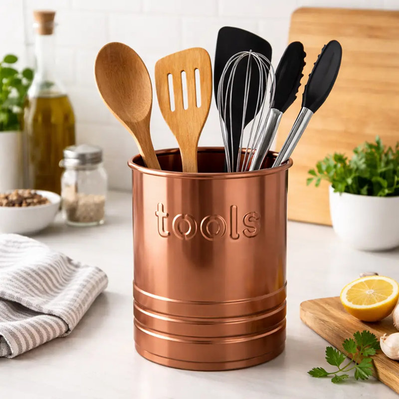 Oneita Utensils Holder "TOOLS" Embossed 2 qt Copper Finish | Kitchen Counter Organizer, Copper Nickel