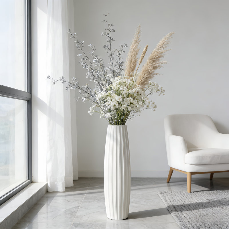 Vase de sol moderne en céramique blanche, grand vase décoratif brillant de 28 pouces pour l'herbe de Pampa, grand vase minimaliste pour la décoration de salon