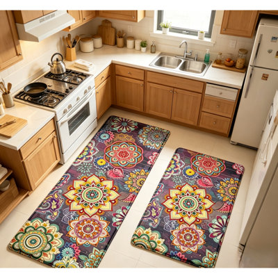 Non-Slip Anti-Fatigue Memory Foam Kitchen Mat Set 2-Pc Floral 17.3x28 & 17.3x47