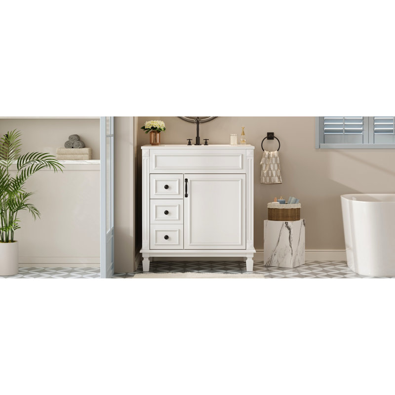 Meuble-lavabo de 30 po avec lavabo en céramique de haute qualité, mécanisme de fermeture en douceur des tiroirs et tiroirs de fermeture des tablettes réglables, conception élégante pour les petits espaces