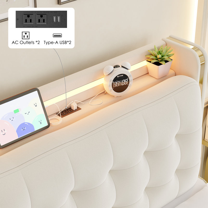 Lit de rangement rembourré en velours avec lumières DEL et station de charge, Simple