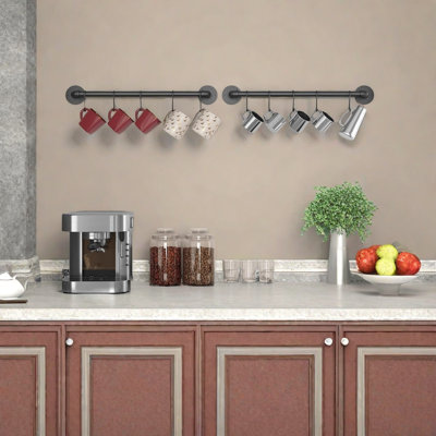 21 Inch Pot Pan Bar Rack Wall Mounted Set Of 2 With 10 Hooks Industrial Pipe Pot Pan Hanger Rustic Iron Pan Hanging Rail Pipe Towel Holder Kitchen Utensil Organizer, Black